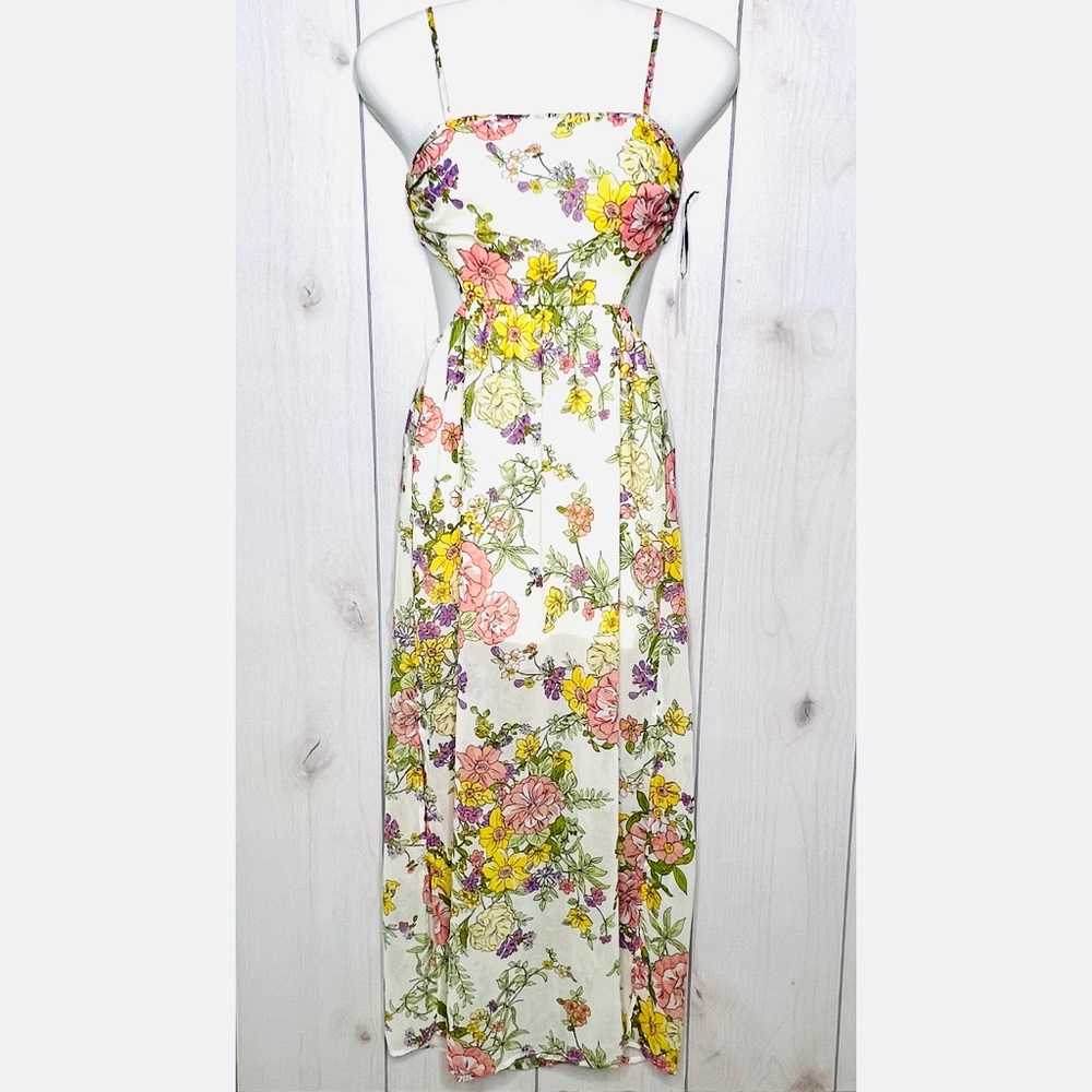 Floral Maxi Dress Sleeveless Strappy Side Cutout Yellow Pink NEW